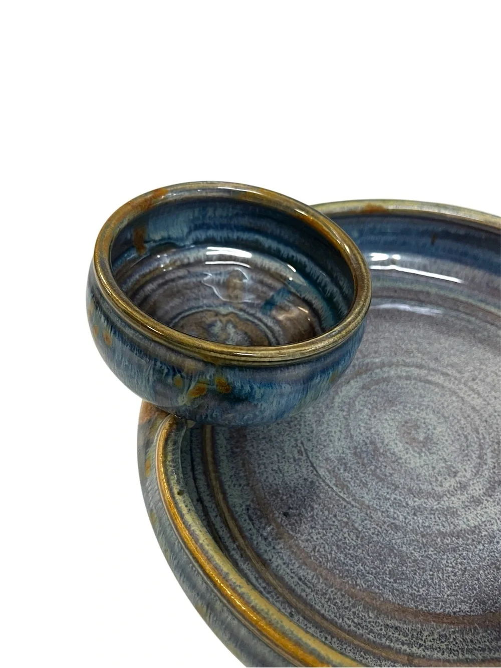 Sunset Canyon Pottery Handcrafted Chip and Dip Bowl Blue Glaze Signed 10